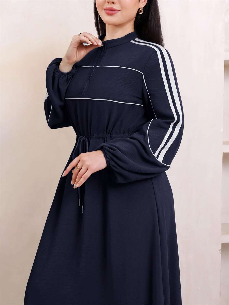 Veilorie 女款側條紋拉鍊門襟抽繩腰休閒長洋裝 - 藏蓝色 - 查看 1