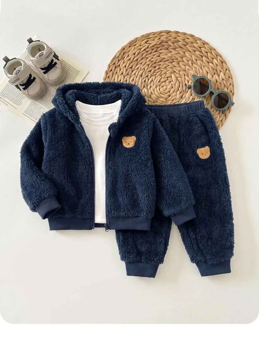 Baby Boy Autumn/Winter Casual Bear Patch Warm Hooded Jacket & Pants Set - Navy Blue - View 1
