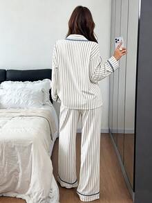 Napfluff 女童夏季黃色條紋長袖長褲休閒寬鬆居家服2件套 - 白色 - 查看 2
