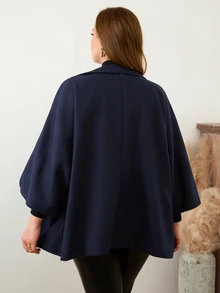 SHEIN LUNE CURVE Women's Plus Size High Neck Raglan Sleeve Cape Elegant Commute Loose Overcoat, Double-Breasted, Suitable For Autumn/Winter Wear - Navy Blue - View 2