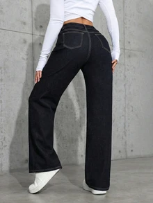 SHEIN CURVE+ Celana Jeans Denim Kasual Sehari-hari Wanita Ukuran Besar dengan Saku dan Kancing - Dark Wash - View 2
