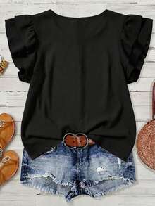 Rusticease Women's Solid Color Round Neck Ruffle Sleeve Casual Blouse - Black - View 2
