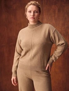 MOTF PREMIUM PLUS SIZE WOMEN'S WOOL TURTLENECK DROP SHOULDER SWEATER AND KNIT PANTS SET - Apricot - View 6