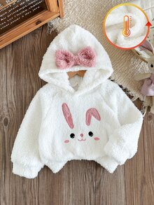SHEIN 女嬰可愛3D蝴蝶結毛絨連帽套頭衫，柔軟抓絨，休閒秋季畢業返校冬季時尚通勤風 - 白色 - 查看 1