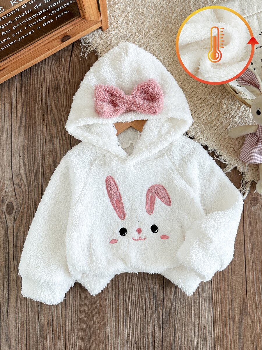 SHEIN 女嬰可愛3D蝴蝶結毛絨連帽套頭衫,柔軟抓絨,休閒秋季畢業返校冬季時尚通勤風 - 白色 - 查看 1