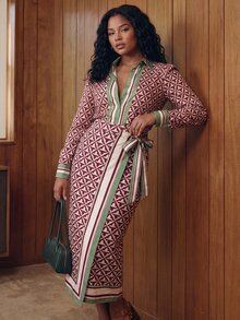 CAJUNI Plus Size Wrap Skirt With Tie Closure And Tropical Leaf Plaid Print. - Multicolor - View 5