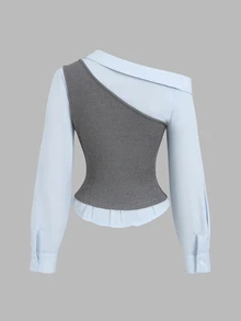 Sweetra Autumn/Winter Fashion New French Chic Design Knit/Woven Patchwork Waist-Cinching Slimming Versatile 2 In 1 Women's Shirt For Daily Wear - Grey - View 2