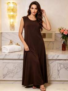 Yasmyna Elegant Commuter Solid Color Sleeveless Long Dress - Coffee Brown - View 1