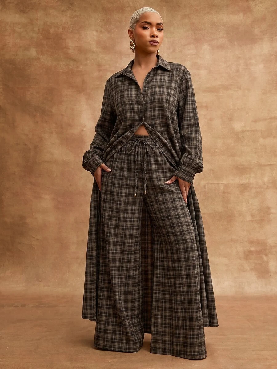 Vixey Checker Plaid Woven Drawstring Waistband Wide Leg Pants, Fall ...