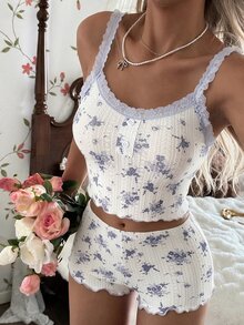 CottageSlumber Light Purple Ditsy Floral Camisole Pajama Set, Lace Frill Trim Fresh Girly Loungewear - White - View 3