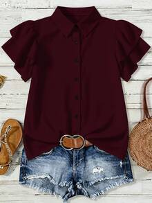 EMERY ROSE Plus Size Summer Casual Solid Color Ruffle Blouse - Burgundy - View 1