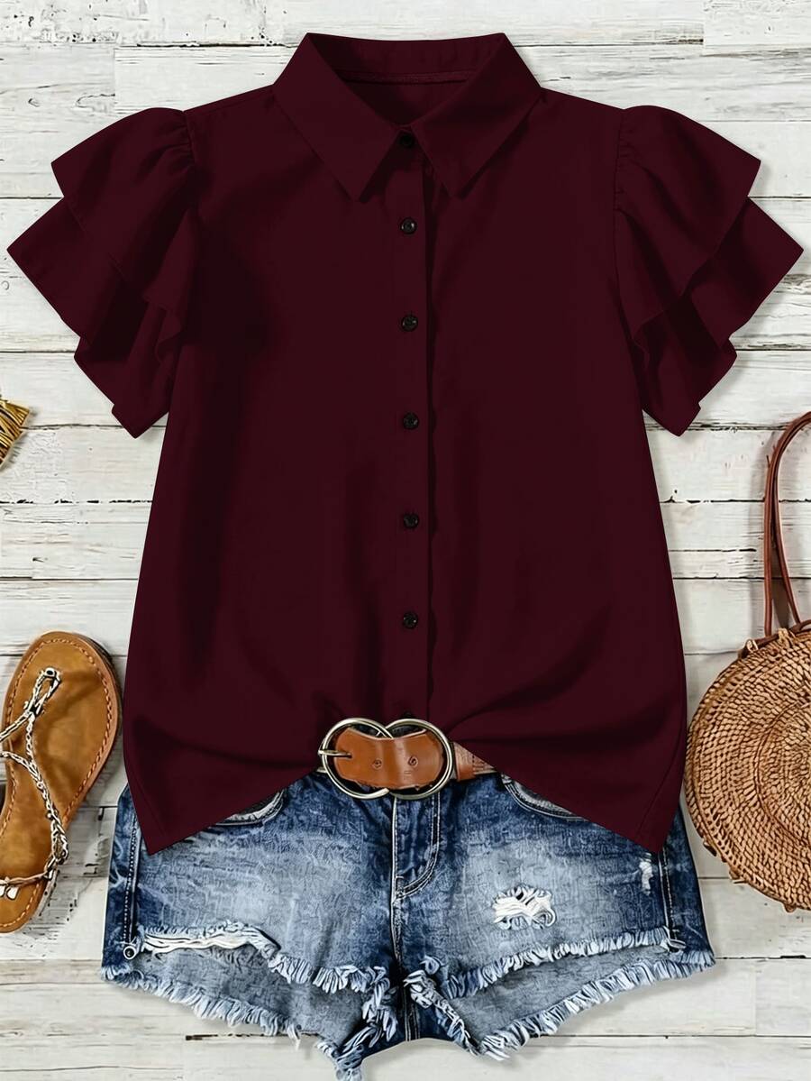 EMERY ROSE Plus Size Summer Casual Solid Color Ruffle Blouse - Burgundy - View 1