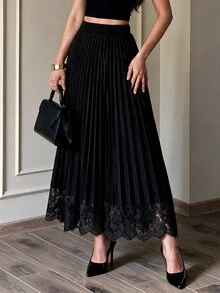 NOVVYNE 女款彈性腰褶皺長裙，蕾絲下擺飄逸A字長裙，優雅純黑色秋冬休閒與派對下身裙 - 黑色 - 查看 3