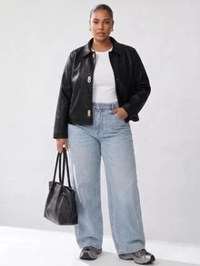 Solavibe Plus Size Black Faux Leather Collared Toggle Button Jacket For Campus Hangout,Urban Stroll,Autumn Holiday Trip,Winter Jacket,Work Outfits - Black - View 9