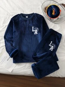 Boys' Letter Embroidered Grey Dark Grey Plush Long Sleeve Pants Set Loungewear Lounge Night Autumn Modest Casual - Blue - View 4