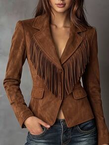 LUMIGAL Autumn/Winter Vintage Distressed Lapel Fringe Suede Jacket Slim Fit Flattering Short Top - Camel - View 4