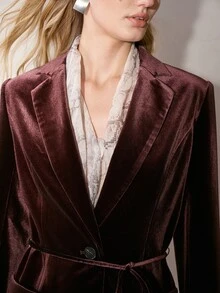 MOTF PREMIUM WOMEN'S VELVET SOLID COLOR PATCHWORK POCKET TASSEL TIE WAIST BLAZER - Brown - View 2