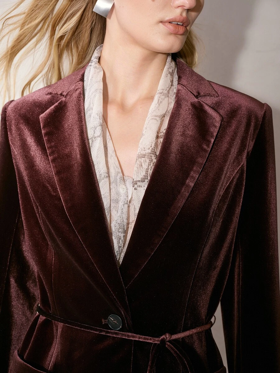 MOTF PREMIUM WOMEN'S VELVET SOLID COLOR PATCHWORK POCKET TASSEL TIE WAIST BLAZER - Brown - View 1