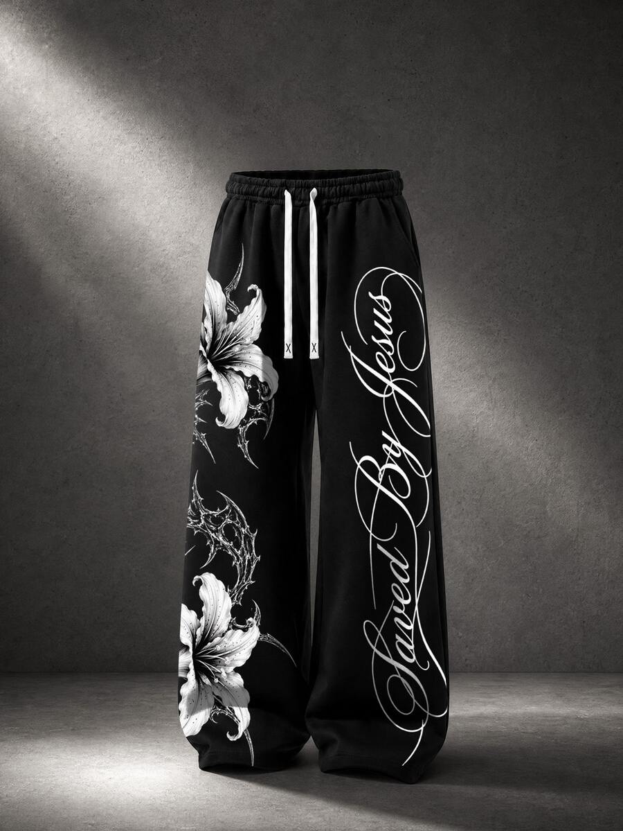 ROMWE MEN Men's Dark Gothic Floral Print Loose Sweatpants - Black - View 1