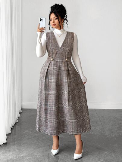 Elenzga Plus Size Women's Vintage Plaid Brown Christmas Overall Dress, V-Neck Cinched Cinched Waist Mid-Length Dress, British Academy Style, Autumn/Winter Commute Date Christmas New Year, Flattering For Girls, Versatile Sleeveless Tank Dress