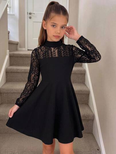 Tween Girls Tween Girl Black Lace Patchwork Dress, Comfortable Soft Casual Versatile Fashion Elegant Formal Occasion