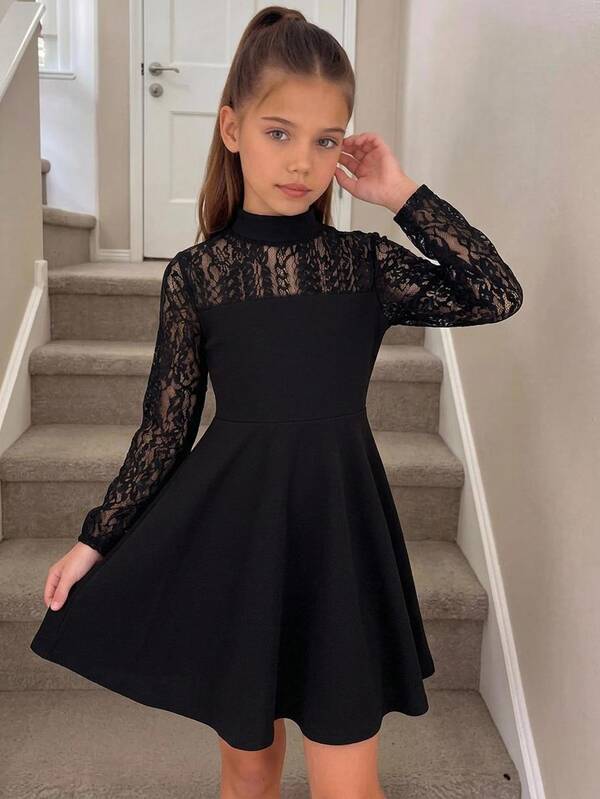 Tween Girls Tween Girl Black Lace Patchwork Dress, Comfortable Soft Casual Versatile Fashion Elegant Formal Occasion