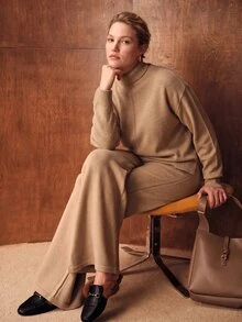 MOTF PREMIUM PLUS SIZE WOMEN'S WOOL TURTLENECK DROP SHOULDER SWEATER AND KNIT PANTS SET - Apricot - View 1
