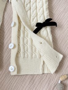 SHEIN Baby Girl Bow Decor Button Knit Romper - Apricot - View 5