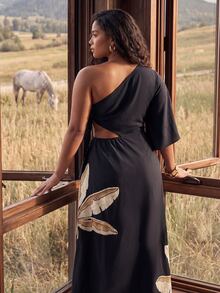 CAJUNI Chic Vacation Golden Palm Tree Embroidery Dress - Black - View 2