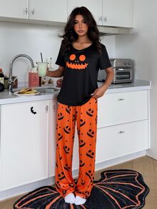 ZzzCrew Halloween Print Short Sleeve & Long Pants Pajama 2 Pieces Set - Multicolor - View 6