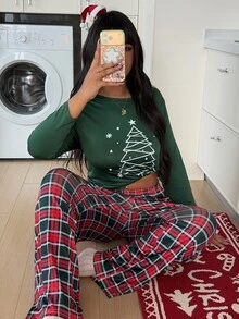 ZzzCrew Set Pakaian Santai Ukuran Besar dengan Atasan Lengan Panjang Motif Pohon Natal Hijau dan Motif Kotak-kotak Klasik - Hijau - View 4