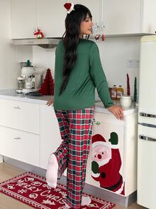 ZzzCrew Set Pakaian Santai Ukuran Besar dengan Atasan Lengan Panjang Motif Pohon Natal Hijau dan Motif Kotak-kotak Klasik - Hijau - View 2