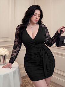 Vibekara Gaun Bodycon Slim Fit Lengan Panjang Berkerah V dengan Patchwork Renda Terbaru Musim Semi/Gugur, Cocok untuk Pemakaian Sehari-hari, Jalan-jalan, dan Acara Kumpul-kumpul - Hitam - View 3
