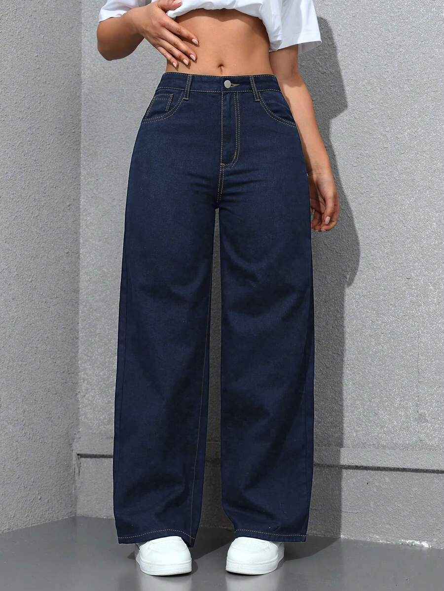 SHEIN CURVE+ Cowgirl Outfit Plus Size Women's Blue Non-Stretch Slim Straight Leg Jeans - Dark Wash - View 1