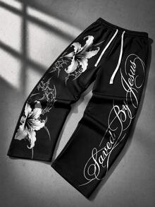 ROMWE MEN Men's Dark Gothic Floral Print Loose Sweatpants - Black - View 2