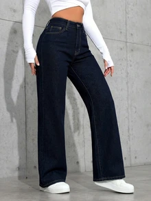 SHEIN CURVE+ Celana Jeans Denim Kasual Sehari-hari Wanita Ukuran Besar dengan Saku dan Kancing - Dark Wash - View 6
