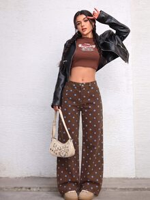 Jeanoix Petite Y2K Women's Polka Dot Print Straight Leg Denim Jeans - Coffee Brown - View 4