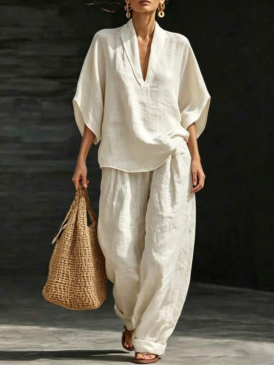 Women's Solid Color 3/4 Sleeve Loose Blouse And Wide Leg Pants Casual 2 Pieces Set - Apricot - View 1