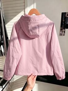 SHEIN 女童休閒時尚韓系梭織布連帽外套，寬鬆舒適，適合春秋日常通勤、戶外玩耍、出遊、聚會與拍照 - 粉色 - 查看 2