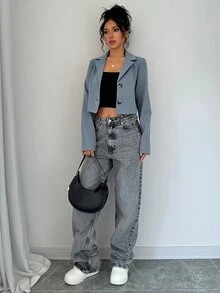 Elenzga 女款咖啡棕色短版單排扣長袖西裝外套 - 藍色 - 查看 5
