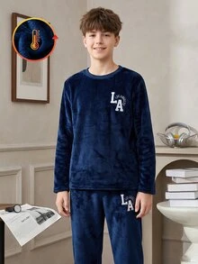 Boys' Letter Embroidered Grey Dark Grey Plush Long Sleeve Pants Set Loungewear Lounge Night Autumn Modest Casual - Blue - View 8
