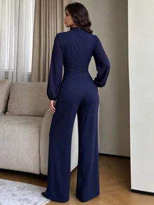 Modelyn New Women's Fitted Woven Elegant Versatile Daily Decorative Button Long Jumpsuit - Navy Blue - View 2