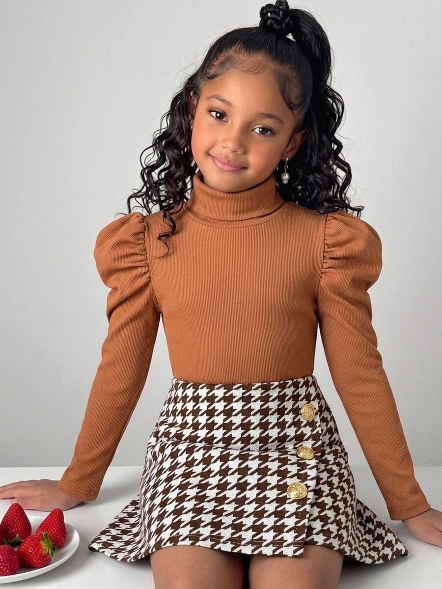 Young Girls Young Girl Coffee Color Knitted Base Layer T-Shirt + Shorts Skirt 2pcs Set, Comfortable Soft Casual Daily Versatile - Coffee Brown - View 1