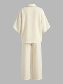 Women's Solid Color 3/4 Sleeve Loose Blouse And Wide Leg Pants Casual 2 Pieces Set - Apricot - View 2