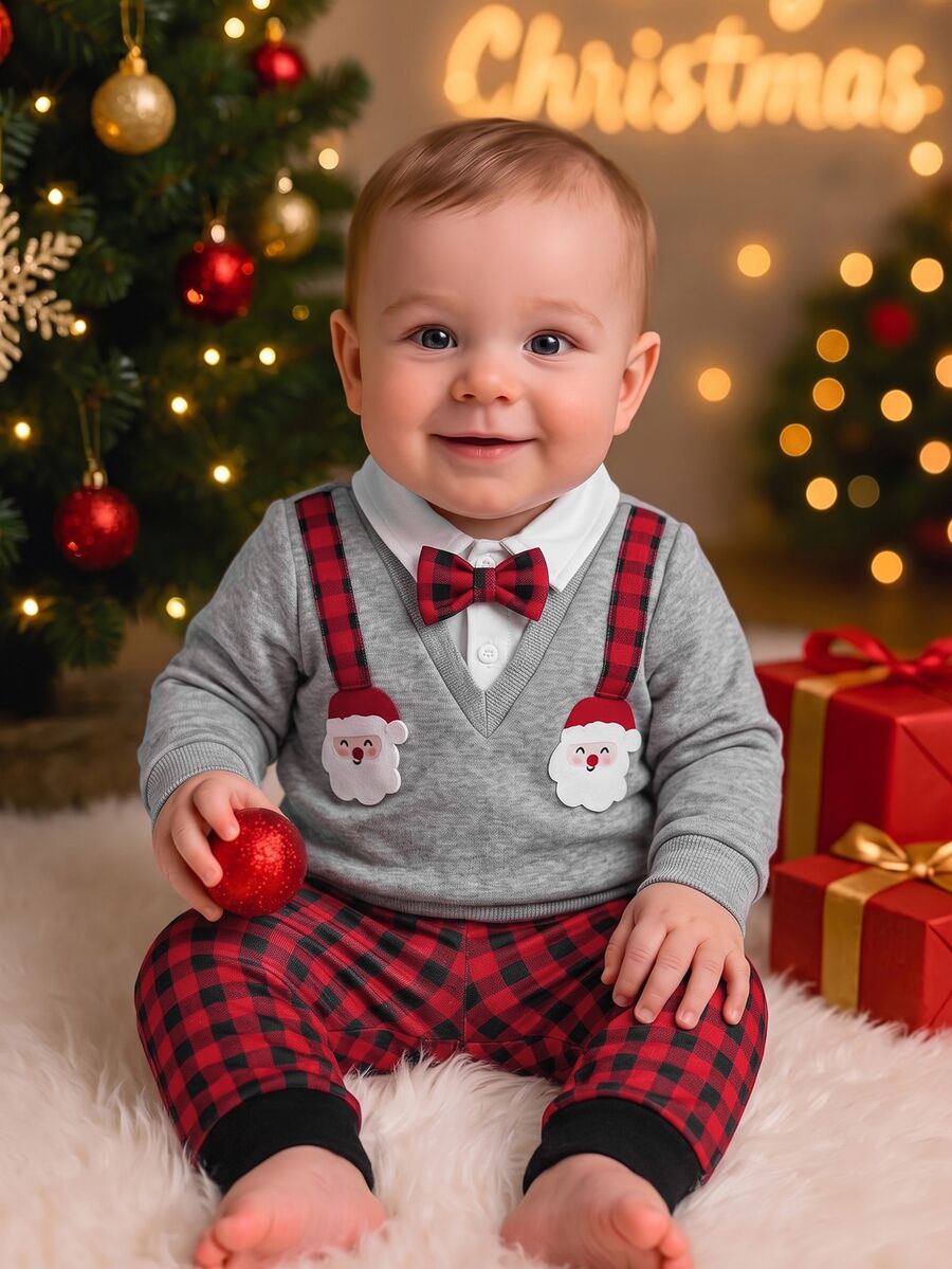 SHEIN Set Baju Sweatshirt dan Celana Kotak-kotak Natal untuk Bayi Baru Lahir - Grey - View 1