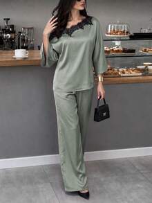 Modelyn Women's 2 Pieces Set, Elegant One-Shoulder Lace Trim Bell Sleeve Loose Top And Wide Leg Sage Green Pants, Suitable For Autumn Office, Party, Outing - Mint Green - View 7