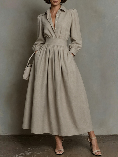 Balvessa Women's Solid Color Long Sleeve Button Half-Placket Pocket Casual Shirt Dress