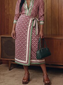 CAJUNI Plus Size Wrap Skirt With Tie Closure And Tropical Leaf Plaid Print. - Multicolor - View 4