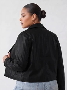 Solavibe Plus Size Black Faux Leather Collared Toggle Button Jacket For Campus Hangout,Urban Stroll,Autumn Holiday Trip,Winter Jacket,Work Outfits - Black - View 3