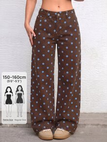 Jeanoix Petite Y2K Women's Polka Dot Print Straight Leg Denim Jeans - Coffee Brown - View 1